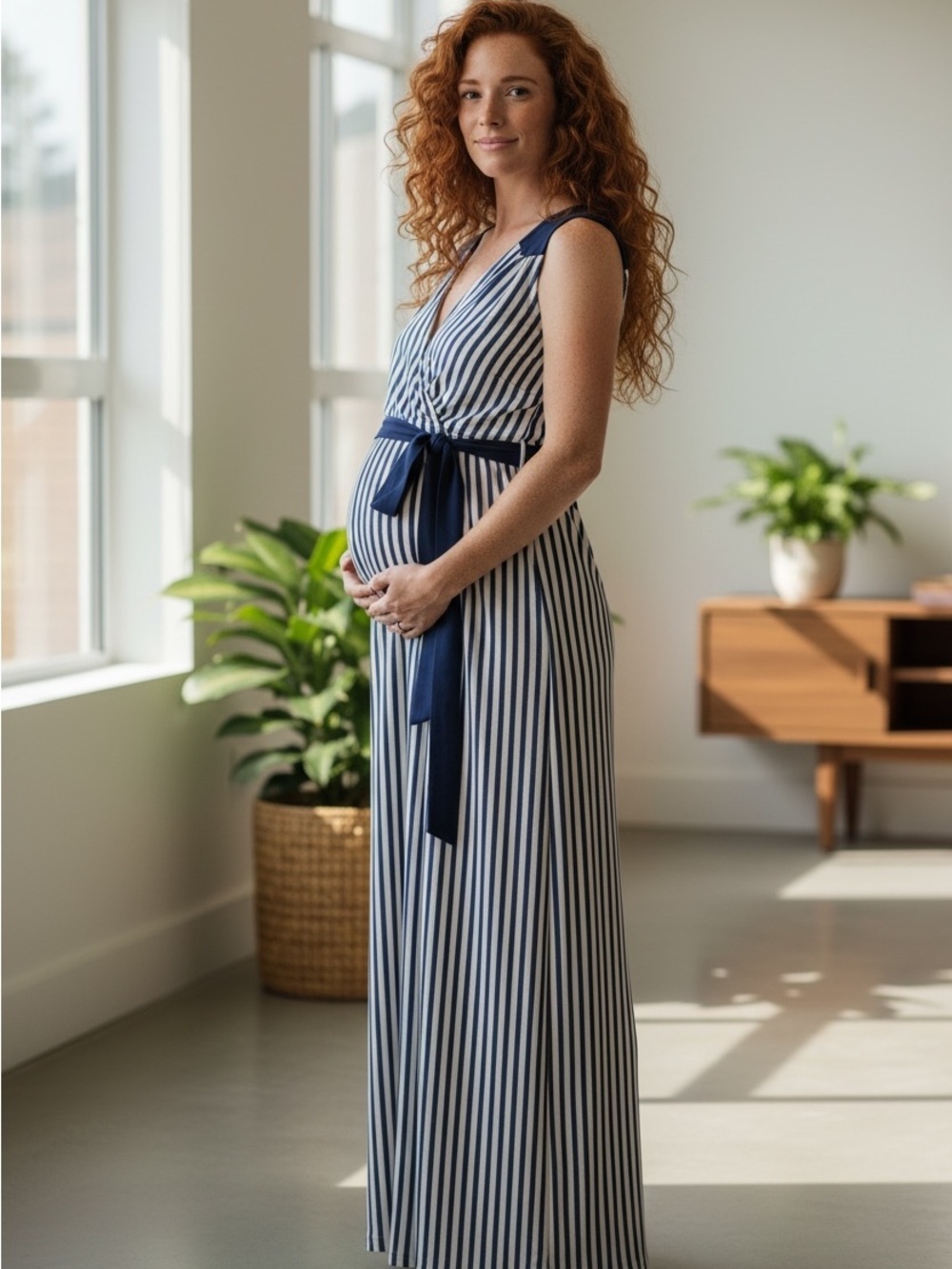 Motherhood Maternity Navy White Stripe Sleeveless Wrap Maxi Dress Size S